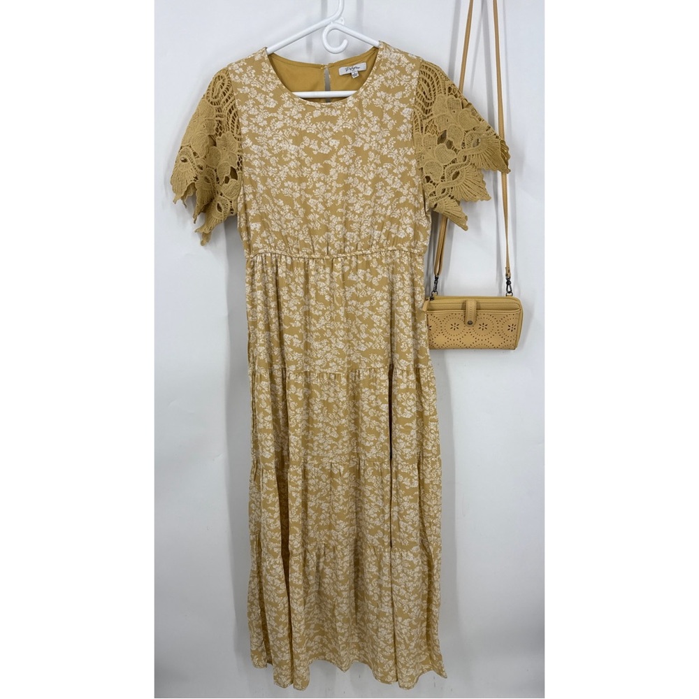 Polagram The Clovis Cream /Tan tiered Maxi Dress L